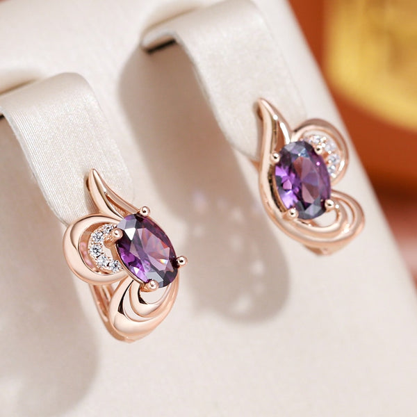 Oval Purple Zircon 585 Gold Color Drop Earrings for Women