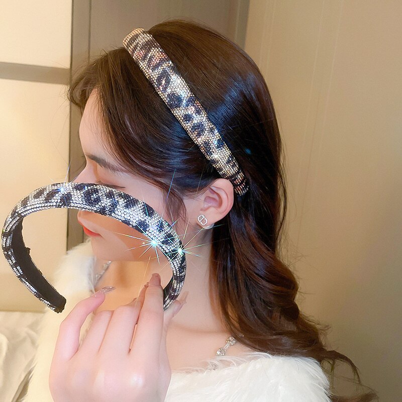 Shiny Full Rhinestone Headbands Leopard Color Hairbands Velvet Headwear for Women