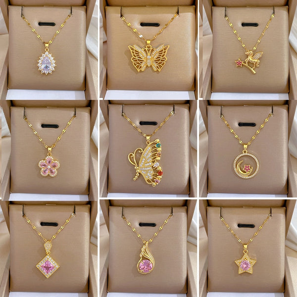 Gold Plated Charming Colorful Rhinestone Butterfly Pendant Neckalce For Women