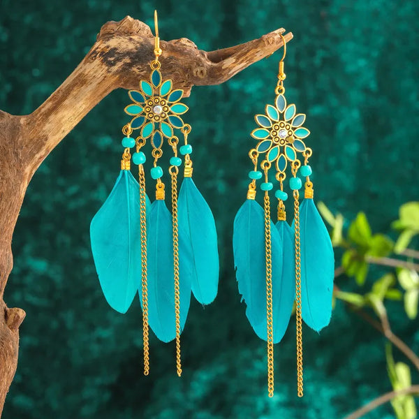 Bohemian Long Sun Flower Feather Earrings for Women