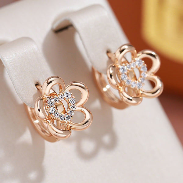 Hollow Petal 585 Gold Color Heart Shape Zircon Hoop Earrings Women