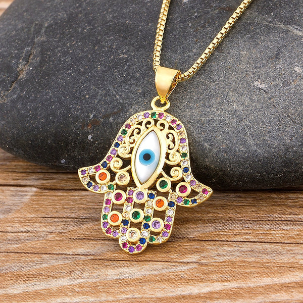 New Trendy Lucky Turkey Evil Eye Hamsa Hands Fatima Palm Chain Necklace For Women