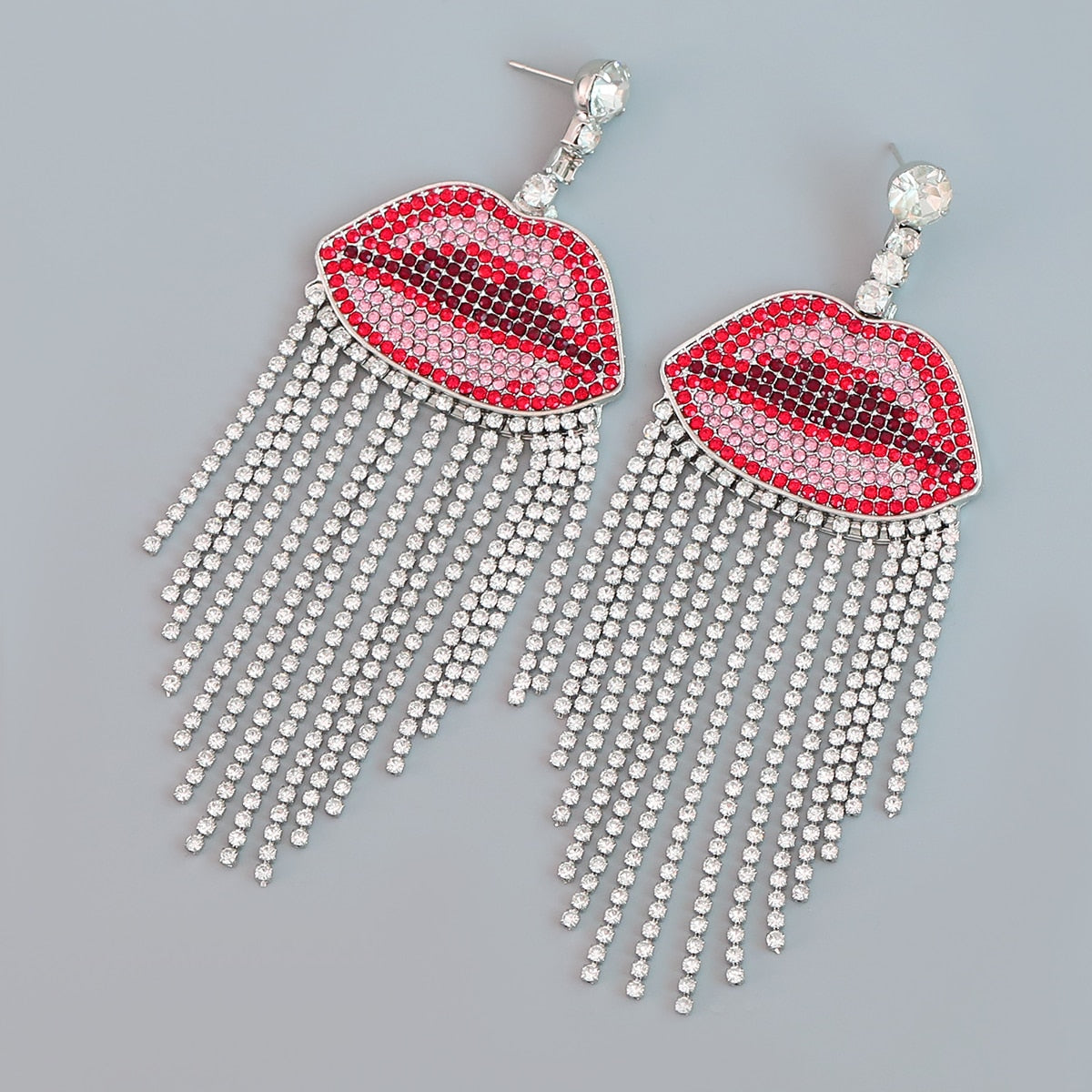 Fashion Metal Rhinestone Lip Tassel Earrings Women