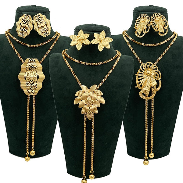 Italian Gold Color Jewelry Set Necklace Earrings Set Adjustable Long Chain Necklace