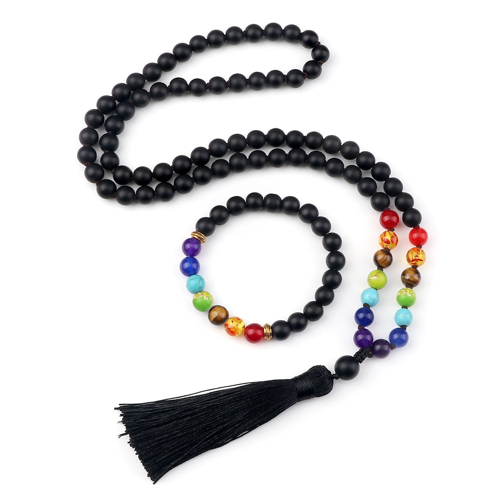 2pcs/set Men Black Onyx Beaded 7 Chakra Bracelets Necklaces