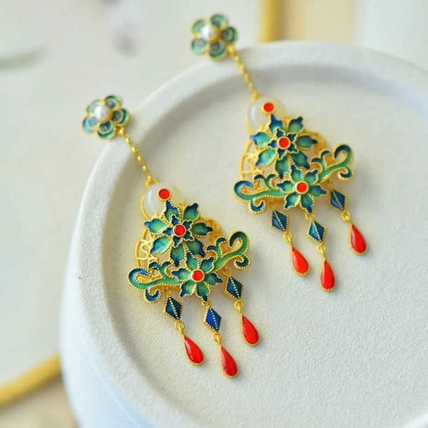 Natural Hotan Jade flower Enamel tassel earrings for women