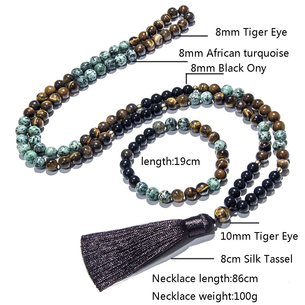 8mm Natural Tiger Eye African Turquoise Black Onyx Beaded Japamala Necklace