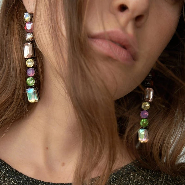 Colorful Geometric Crystal Glass Long Dangle Earrings For Women