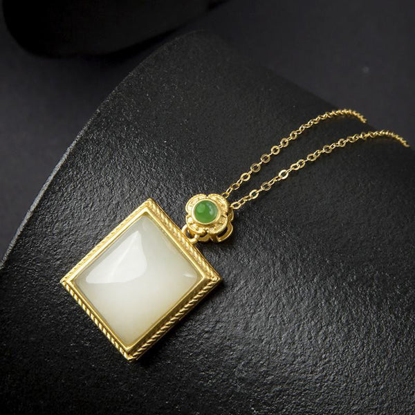 Classic Design Inlaid Natural Hetian Jade Rectangle Necklace Ladies Pendant