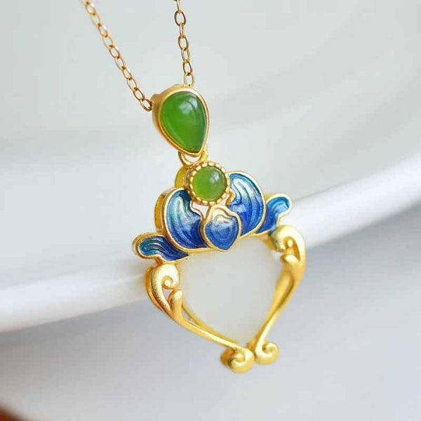 Natural chalcedony heart-shaped enamel porcelain pendant fashion flower necklace