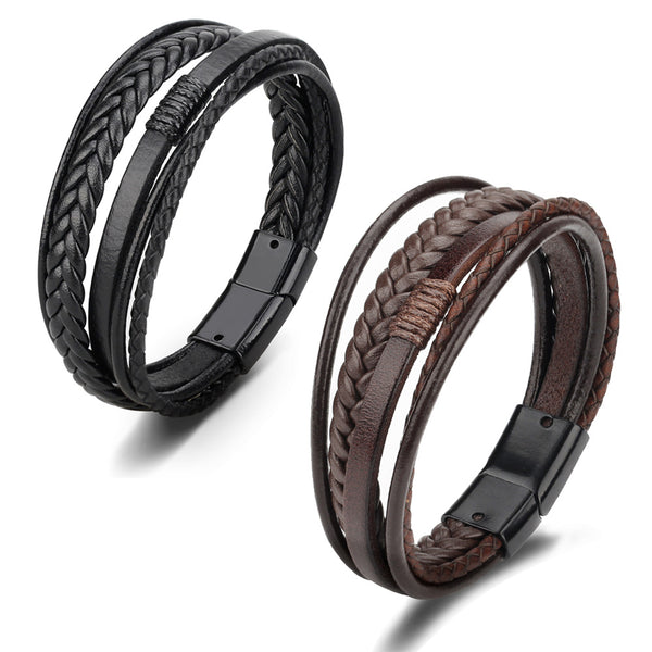 Trendy  Leather Bracelets Men Stainless Steel Multilayer Braided Rope Bracelet