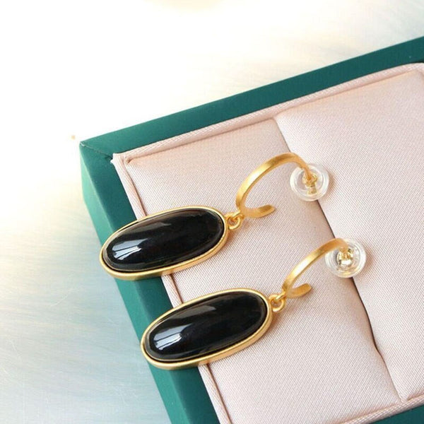 Original inlaid natural Hetian dark jade oval geometric earrings