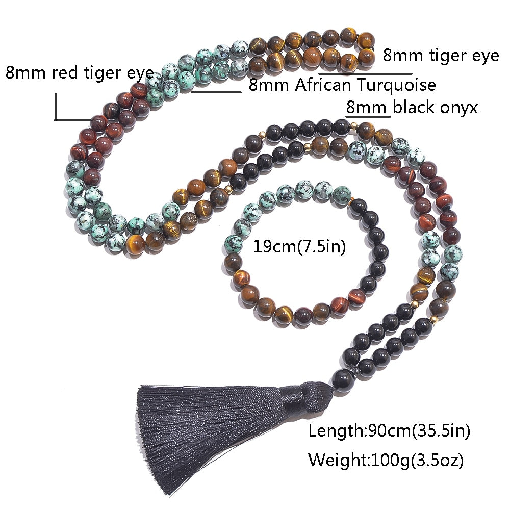 8mm African Turquoise Tiger Eye Stone Black Onyx Beaded 108 Mala Necklace Bracelet Set