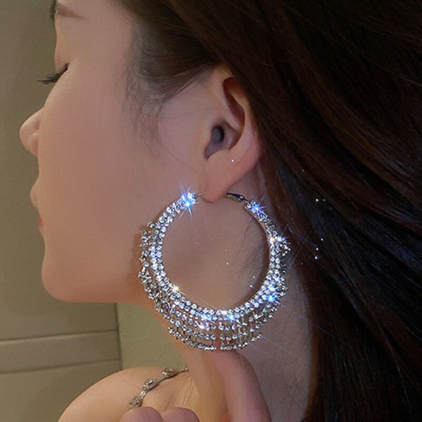 Fashion Geometric Crystal Hoop Earrings Tassel Rhinestones Earrings