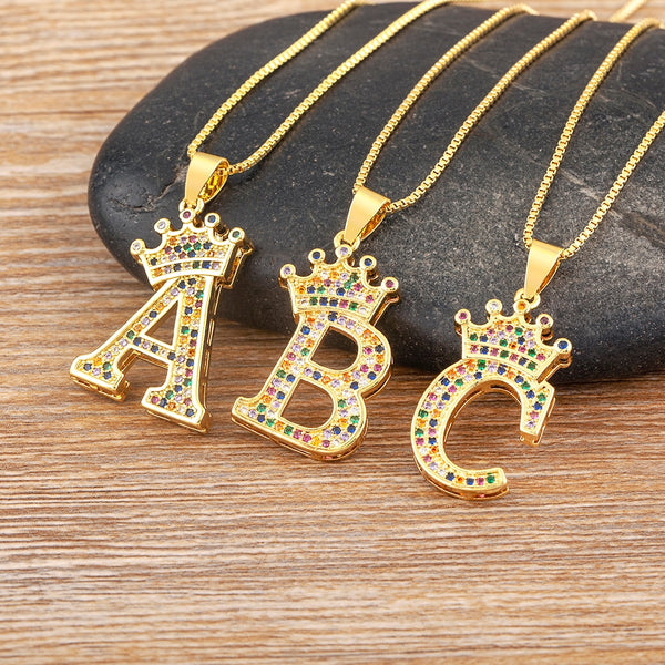 Light Luxury Gold Plated Colorful Zircon A-Z Crown Alphabet Pendant Necklace