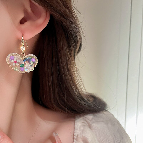 Fashion Clear Colorful Beaded Flower Paved Heart Earrings