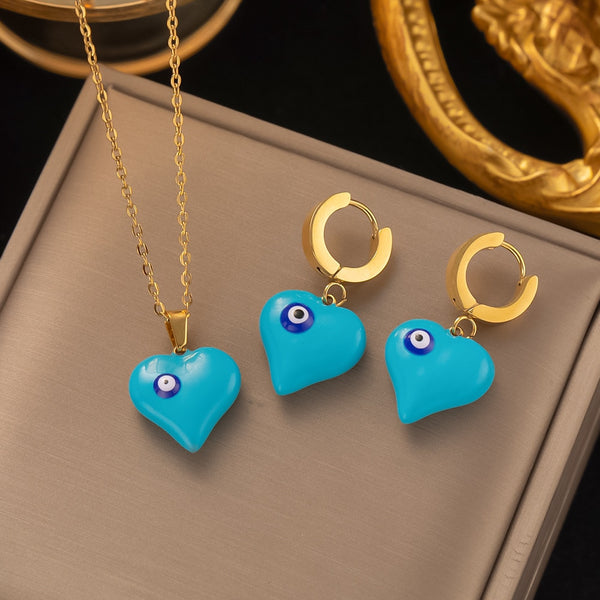 O Gold Color Personality Vinatge Heart Evil Eye Pendant Necklace Earrings For Women