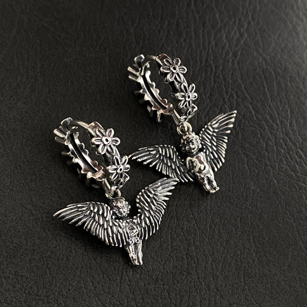 Silver - Plated Antique Silver Color Little Angel flower Earrings for Teen Women