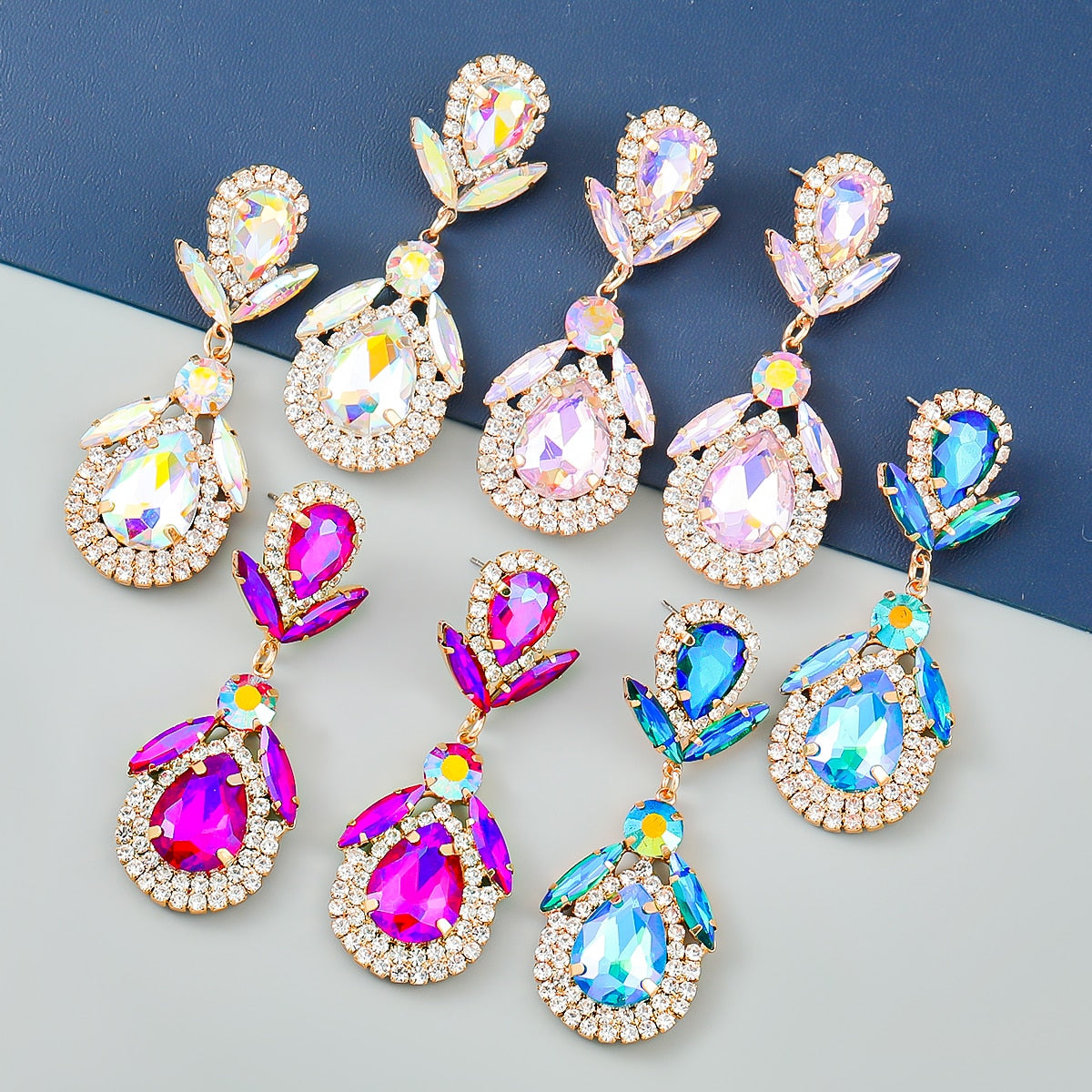 Fashion Metal Rhinestones Water Drop Glass Geometric Earrings Women