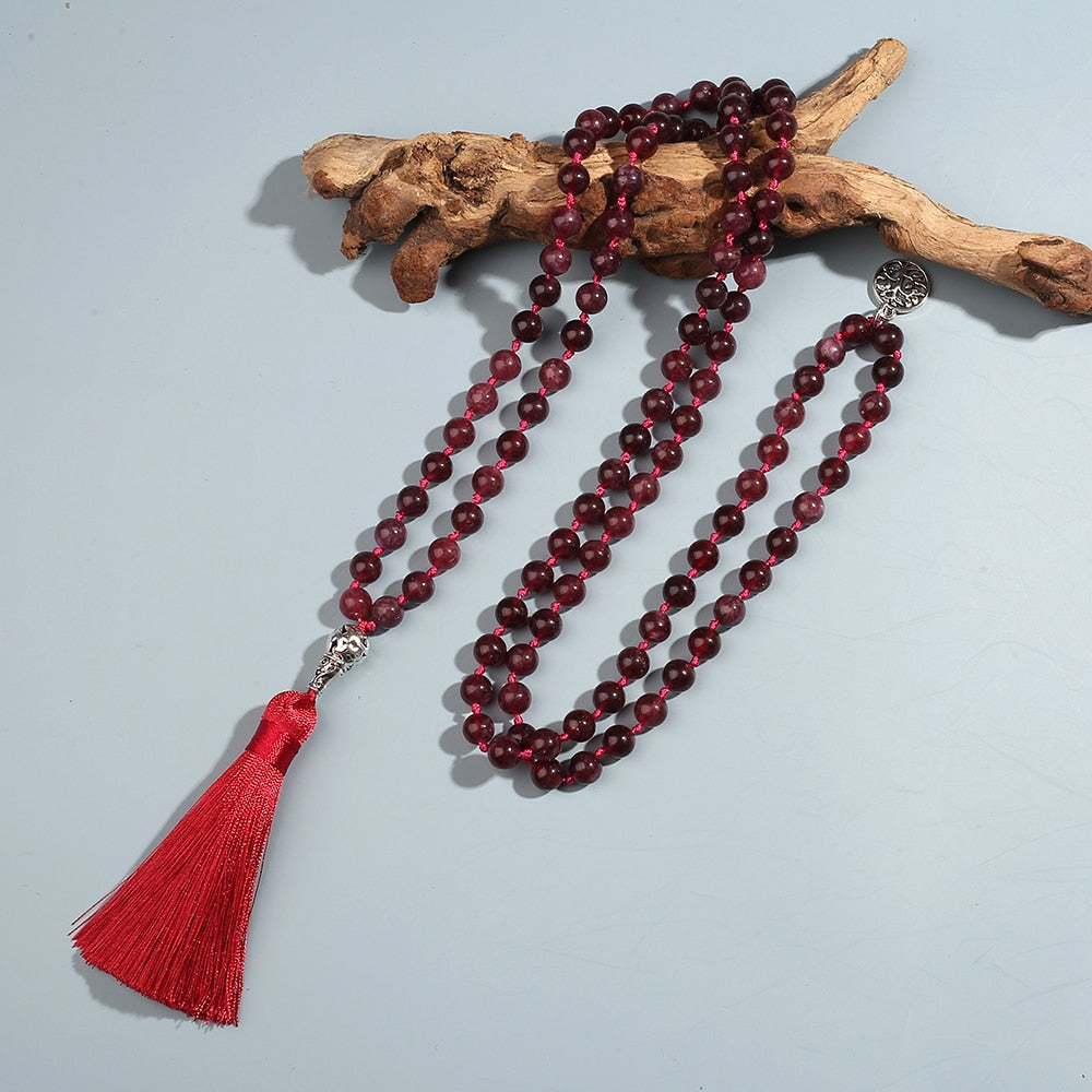 8mm Garnet Beaded Knotted 108 Mala Necklace Meditation Yoga Prayer Rosary Men and Women