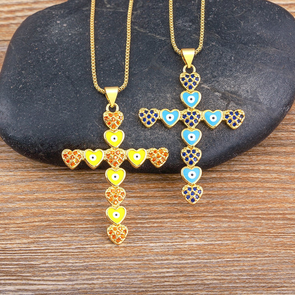 4 Colors Cross Pendant Inlaid Zircon Heart Fashionable Versatile Necklace