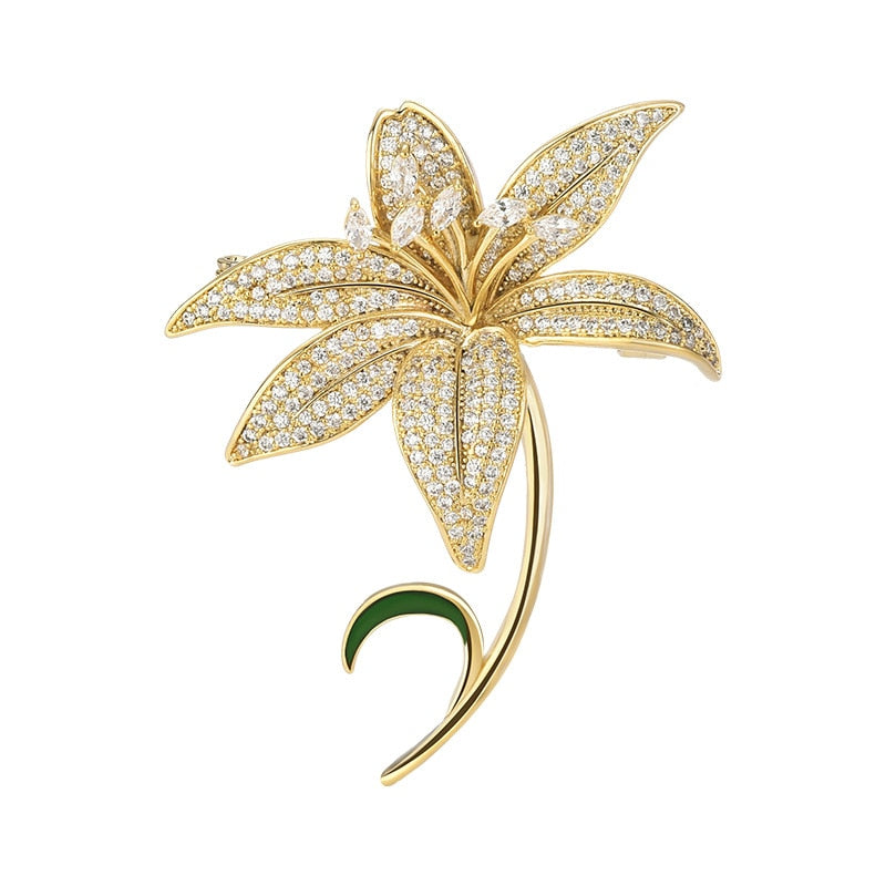 Luxury Copper Micro Inlaid Cubic Zirconia Lily Brooch