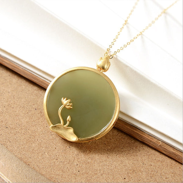 Silver inlaid natural Hetian jade lotus blossom round brand Pendant Necklace