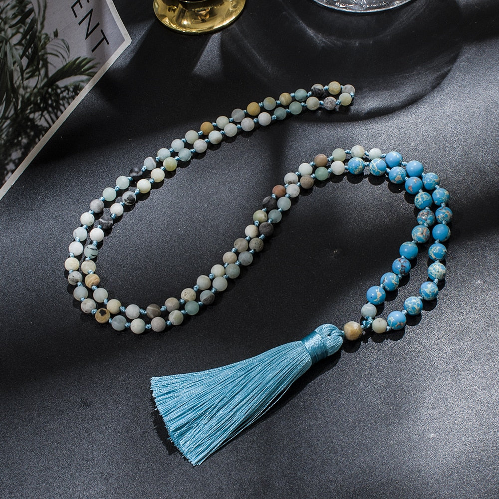 6mm Matte Amazonite with 8mm Emperor Turquoise Beaded 108 Mala Necklace