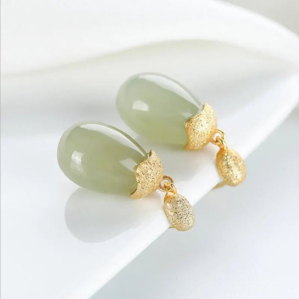 Original new enamel porcelain inlaid drop-shaped Hetian jade earrings