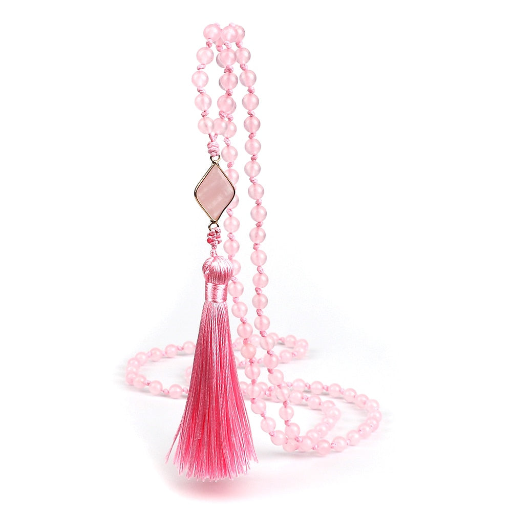 Fashion Natural Pink Chalcedony Beads Necklaces 108 Mala Beads Pendant Charm Women