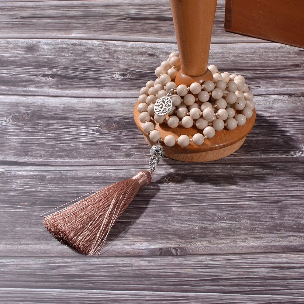 8mm White Fossil Beads Knotted 108 Mala Necklace Meditation Prayer Yoga Jewelry