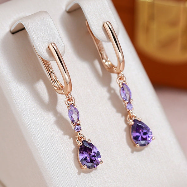 Classic Drop Shape Purple Zircon Dangle Earrings 585 Gold Color Wedding Women