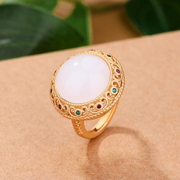 Ancient gold craft inlaid natural Hetian white jade opening round crystal openwork New in rings