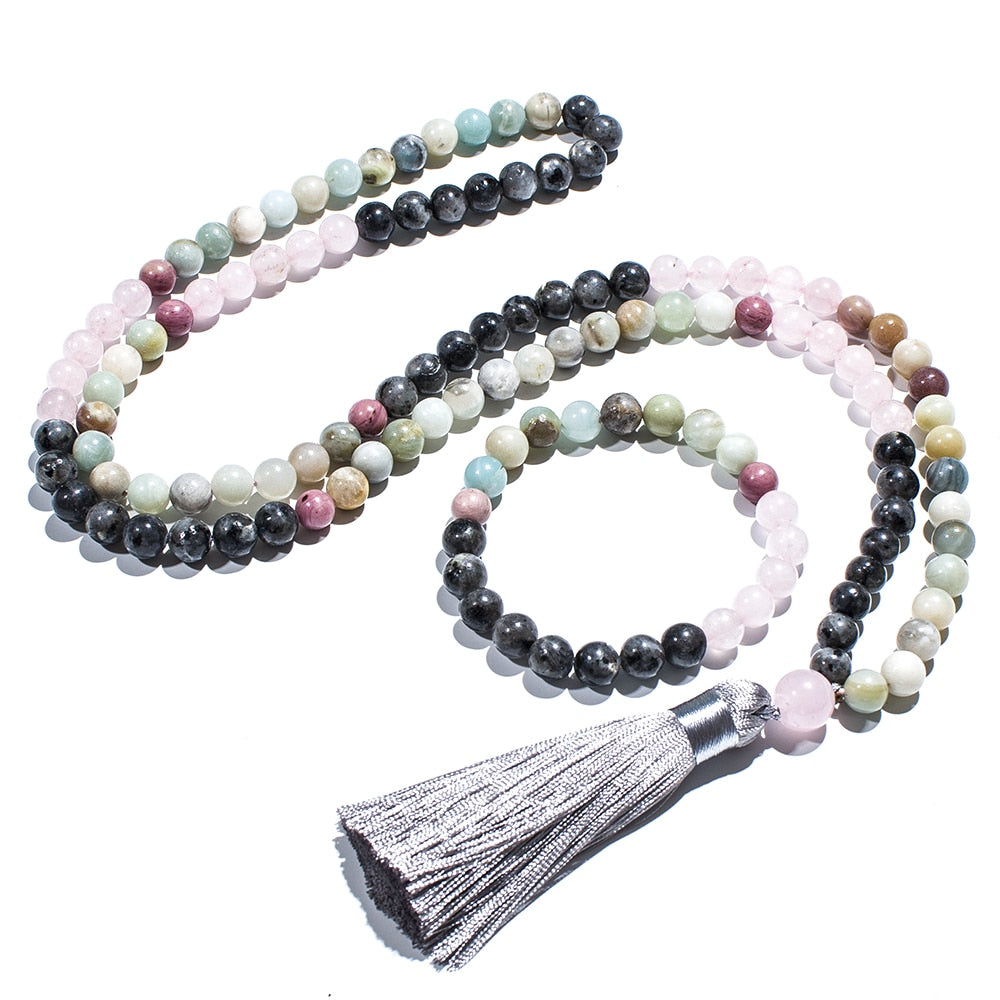 8mm Amazonite Rose Quartz Labradorite Beaded 108 Mala Necklace Set