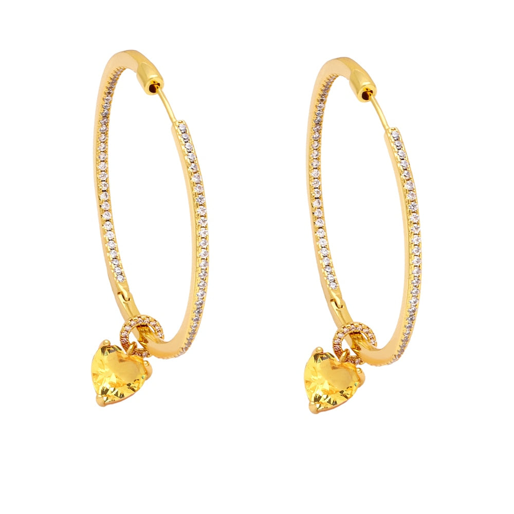 Big Circle Gold Plated Hoops Earrings for Women Copper CZ Rhinestone Heart Earrings