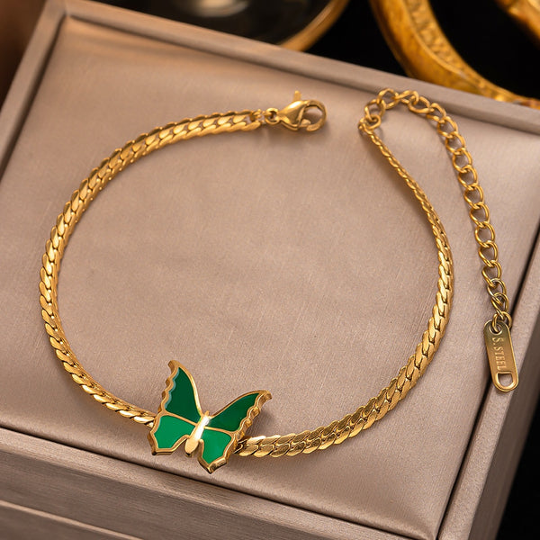 Gold Color Vintage Snake Chain Charm Green Butterfly Bangle Bracelet For Women