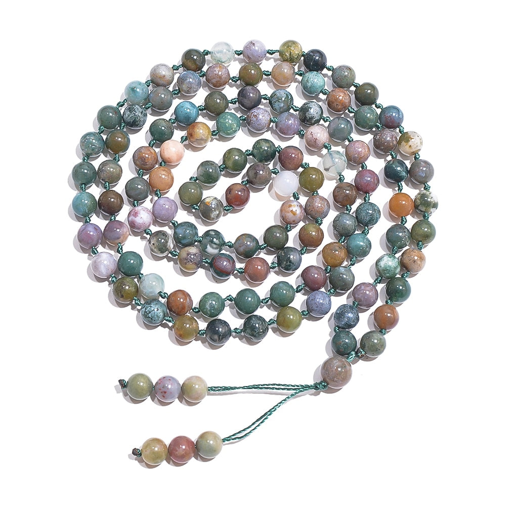 8mm Indian Agate Knotted 108 Mala Prayer Bead Necklace