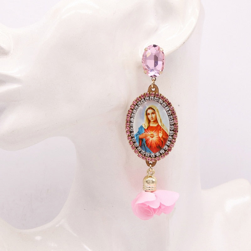 Bohemian Flower Earrings For Women Virgin Mary Earrings Angel Pendant Rhinestone Earrings