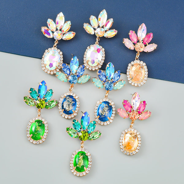 Fashion Metal Rhinestone Resin Flower Earrings for Women