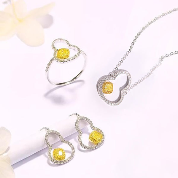 S925 Silver Plated Golden Diamond Pendant Gourd Earring Ring Set