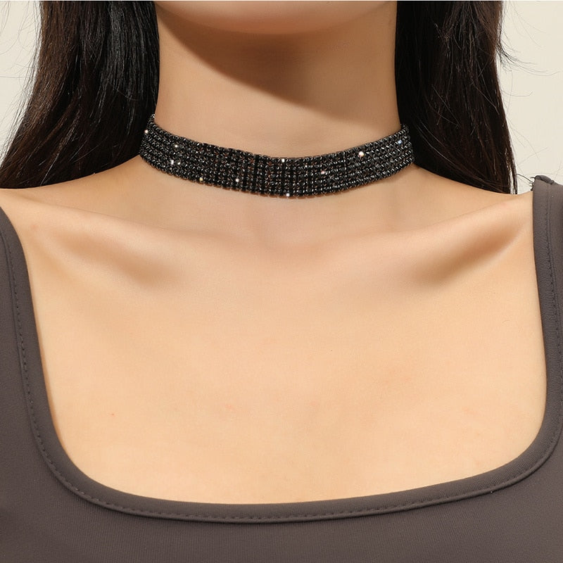 Simple Black Gold Silver Color Crystal Choker Necklaces for Women