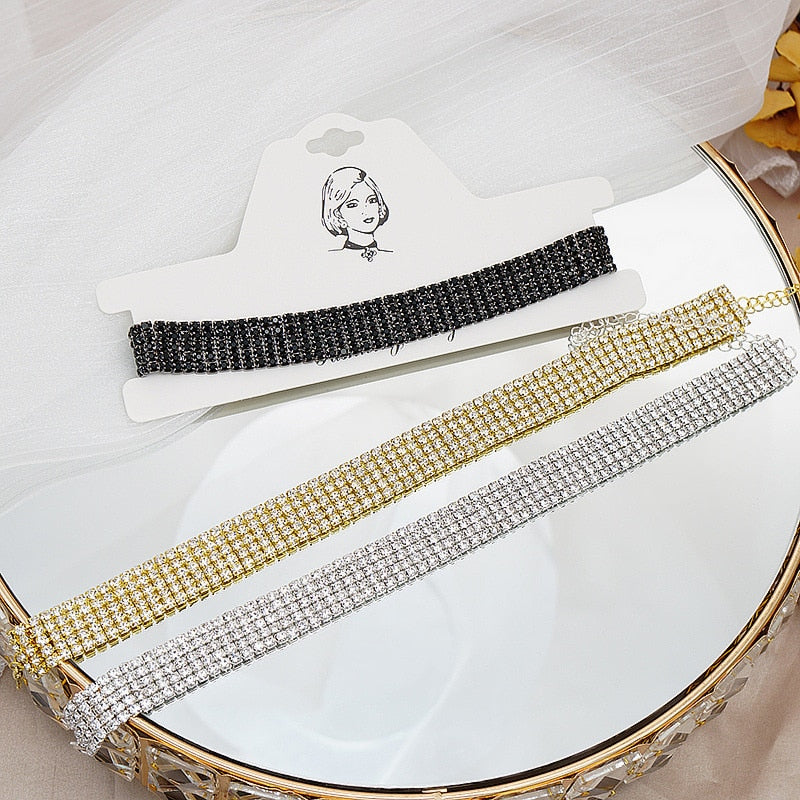 Simple Black Gold Silver Color Crystal Choker Necklaces for Women