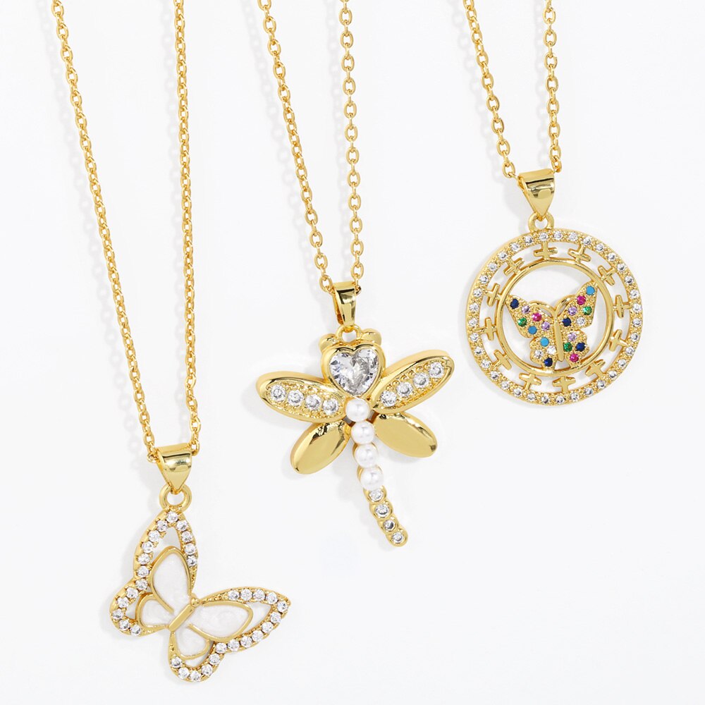 Copper Gold Plated Butterfly Necklaces for Women Multicolor CZ Rhinestone Dragonfly Necklace