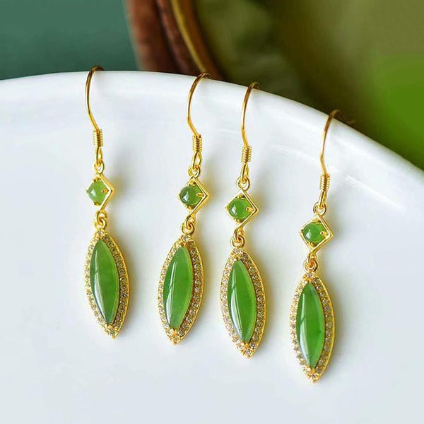 Original Design Diamond Natural Hetian Jade Sun Green Leaf Long Earrings