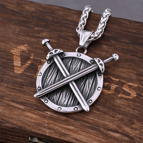 Vintage Vikings Warrior Sword Shield Necklace Men's Nordic Amulet Hip Hop Pendant Necklace