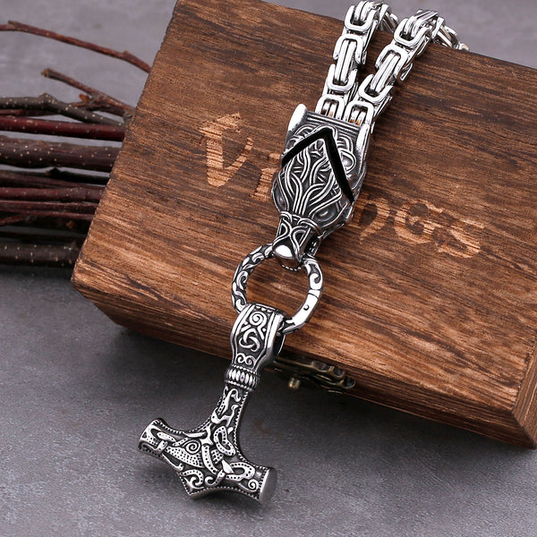 Vintage Viking Wolf Head Thor's Hammer Necklace Overbearing Men's Stainless Steel Pendant