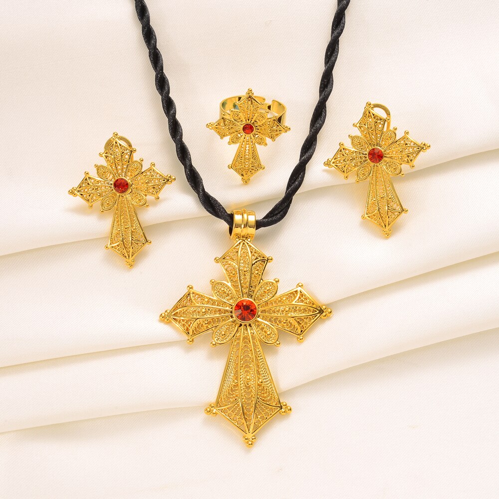 24k Ethiopian Traditiona Cross Jewelry Set Necklace Earrings Ring Ethiopia Gold Eritrea Sets