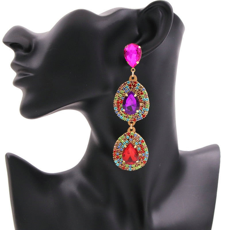 Statement Colorful Rhinestone Earrings For Women Water Drop Earrings