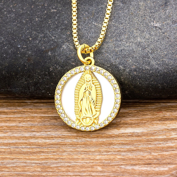 New Copper Zircon Colorful Crystal Virgin Mary Pendant Chain Necklace For Women