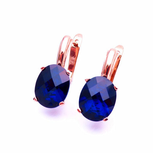 585 purple gold plated 14K rose gold inlaid sapphire oval earrings for women